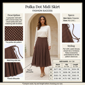 Polka-dot skirt infographic with the left-hand collection model and size chart