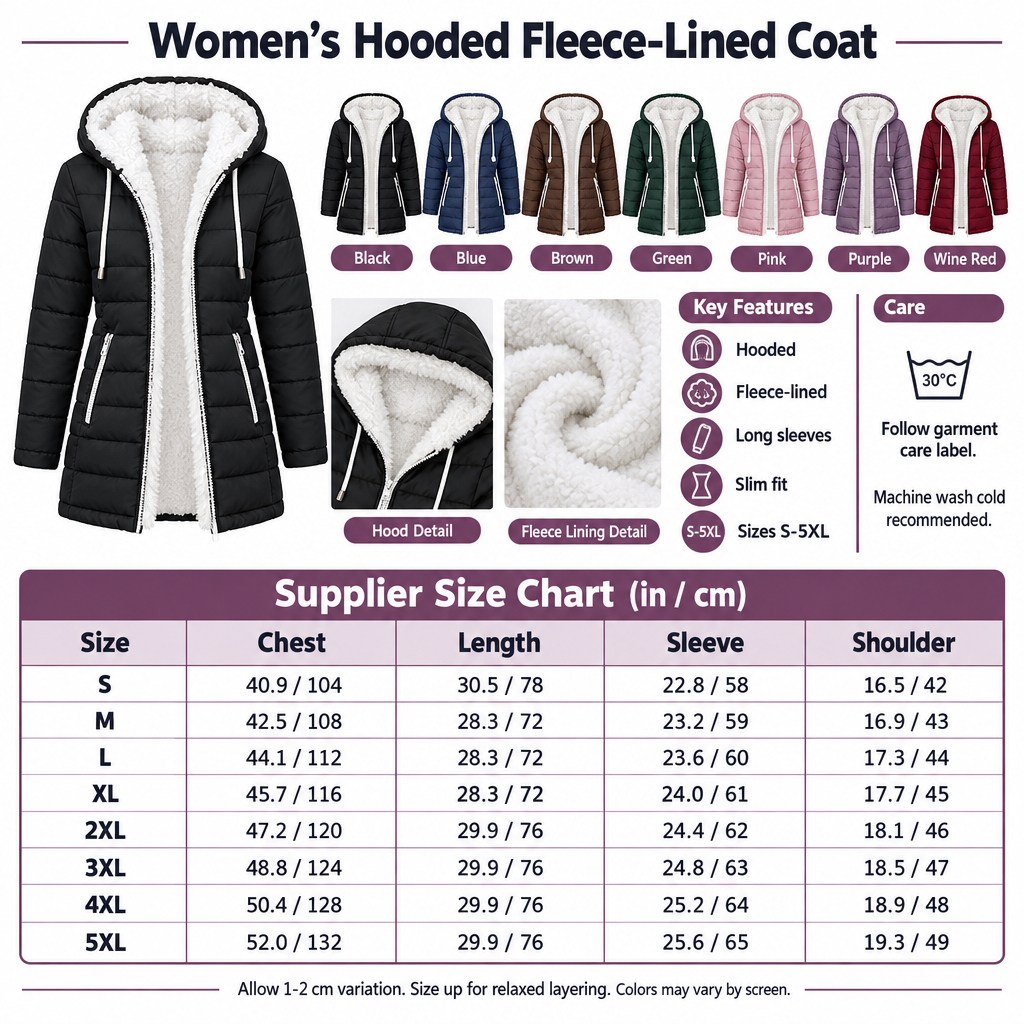 Remade square hooded fleece-lined coat infographic