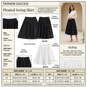 Revised pleated skirt infographic featuring black and white options with one model
