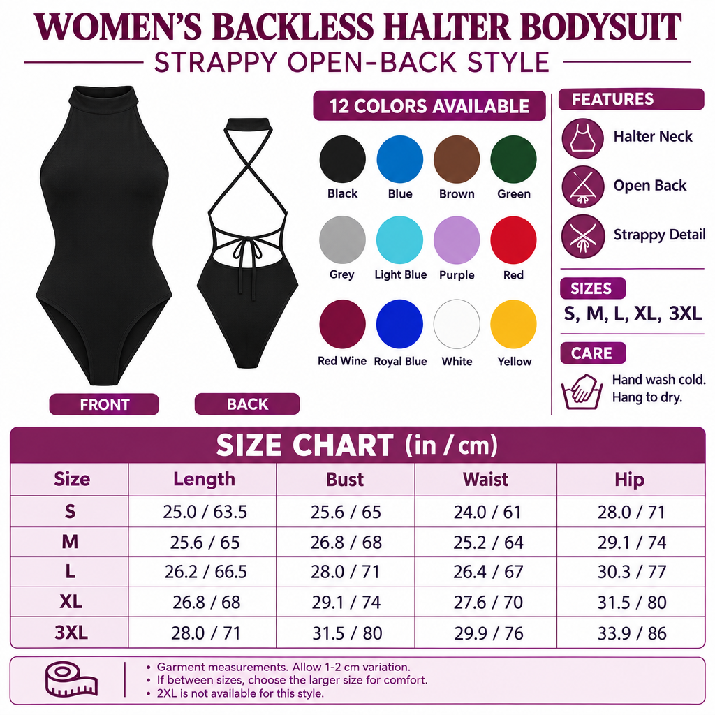 Square backless halter bodysuit infographic