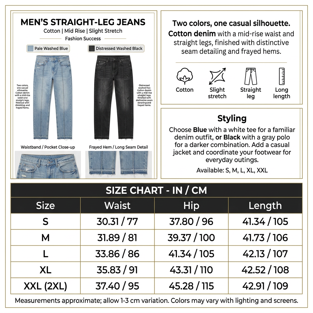 Square Blue and Black jeans infographic with product-only imagery, descriptive panels, and full size chart