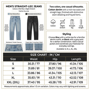 Square Blue and Black jeans infographic with product-only imagery, descriptive panels, and full size chart