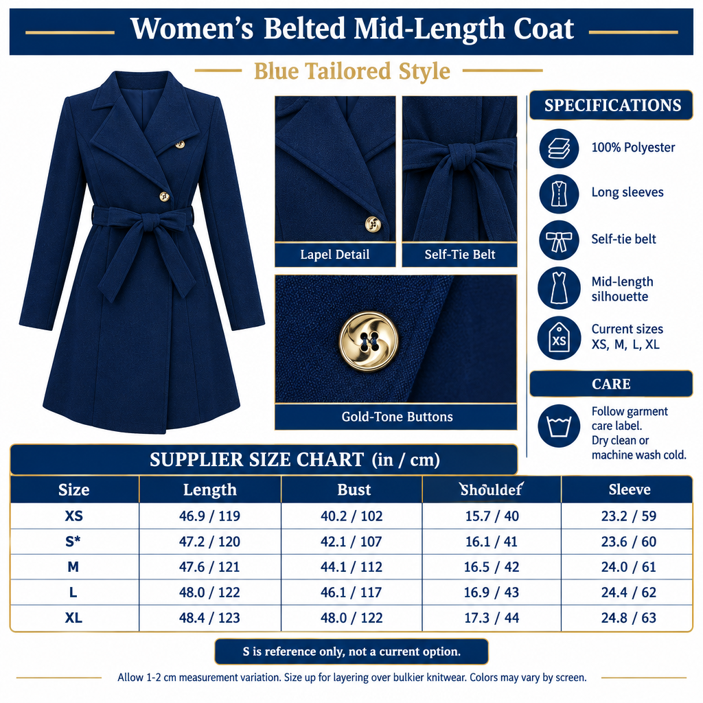 Square blue belted coat infographic