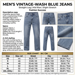 Square blue jeans infographic with product-only front and back views, detailed copy, and size chart