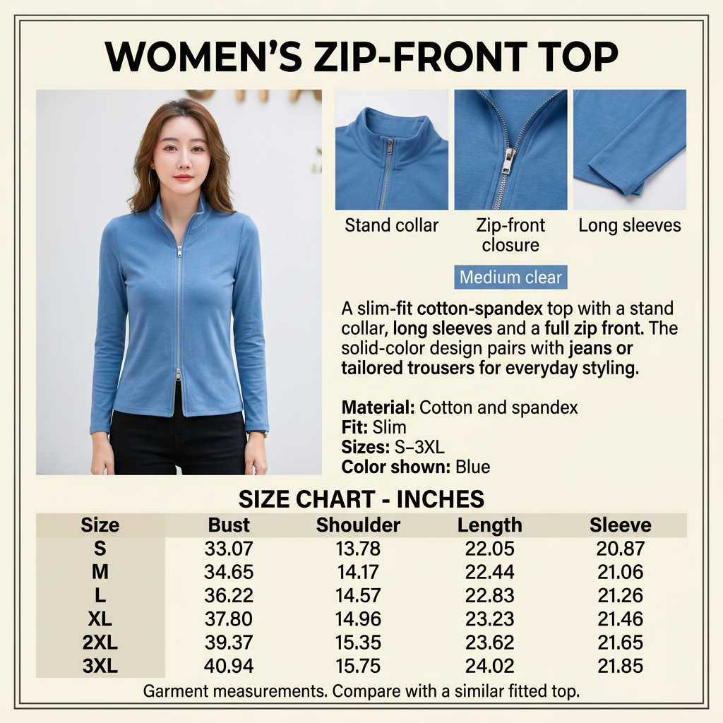Square Blue zip-front top infographic with a female model, detail closeups, product description, and inches-only size chart