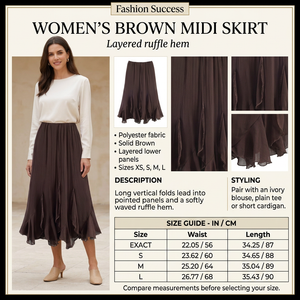 Square brown midi skirt infographic with preferred model, product details and size chart