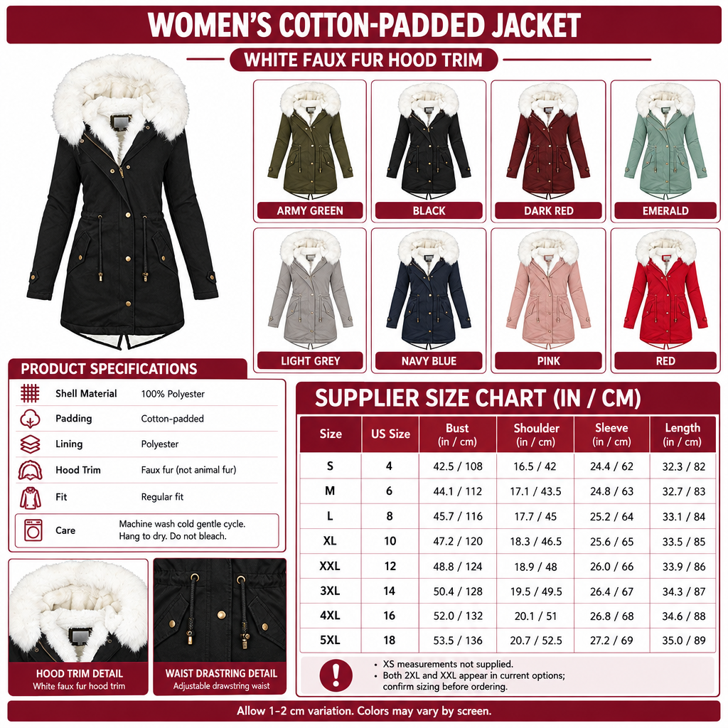 Square cotton-padded faux-fur-trim jacket infographic