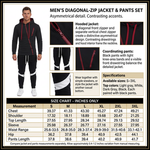 Square diagonal-zip jacket and pants infographic with male model, product details and inches-only size chart