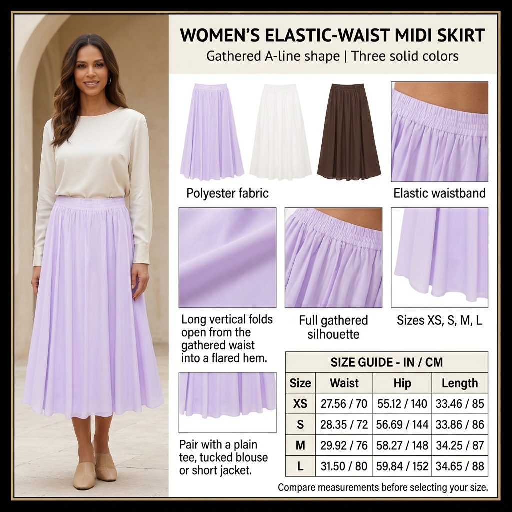 Square elastic-waist midi skirt infographic with preferred model, three colors and size chart
