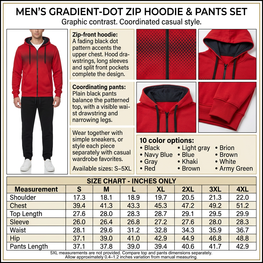 Square gradient-dot hoodie and pants infographic with male model, product details and inches-only size chart