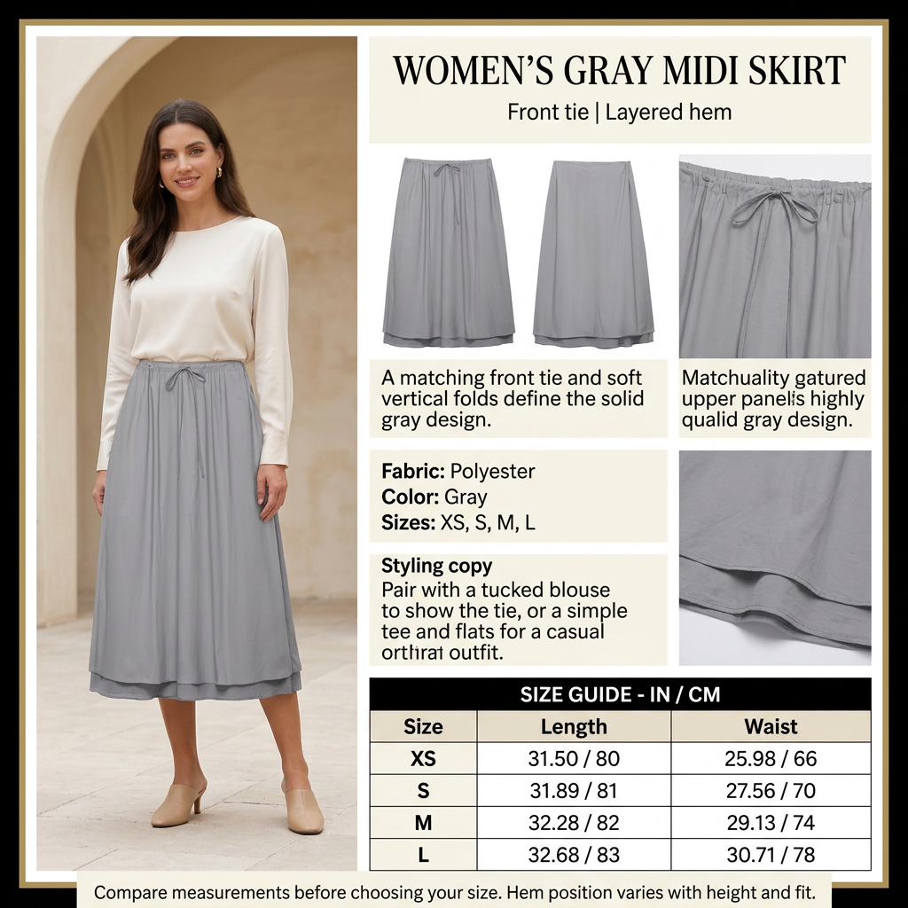 Square gray skirt infographic with preferred model, product details and size chart