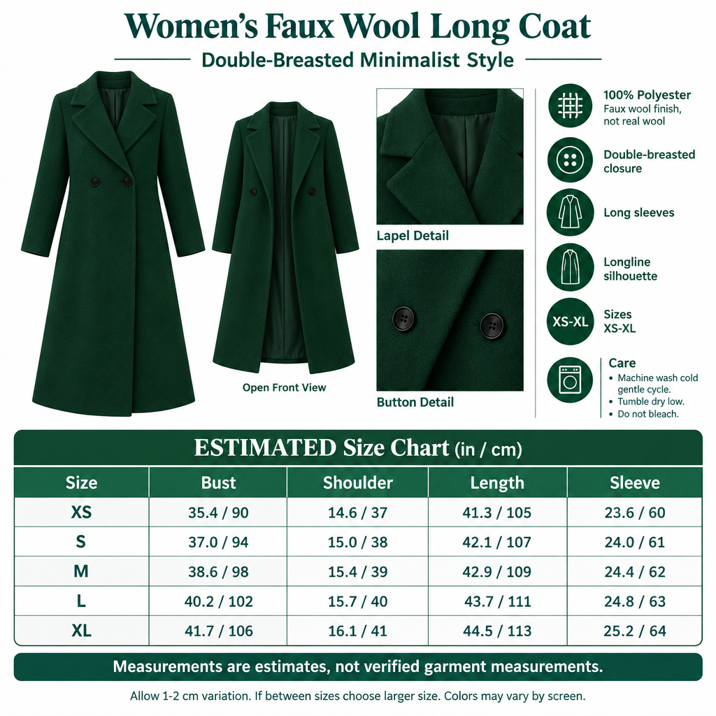 Square green faux wool double-breasted coat infographic
