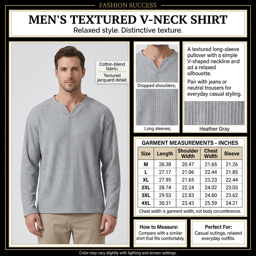 Square Heather Gray textured V-neck shirt infographic
