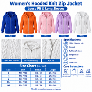 Square hooded knit zip jacket infographic