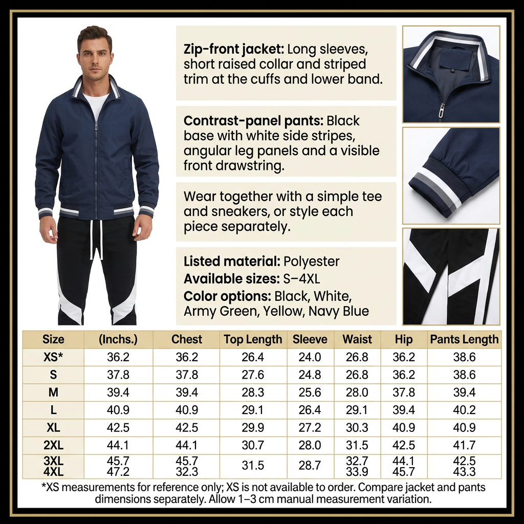Square jacket and pants infographic with male model, product details and size chart