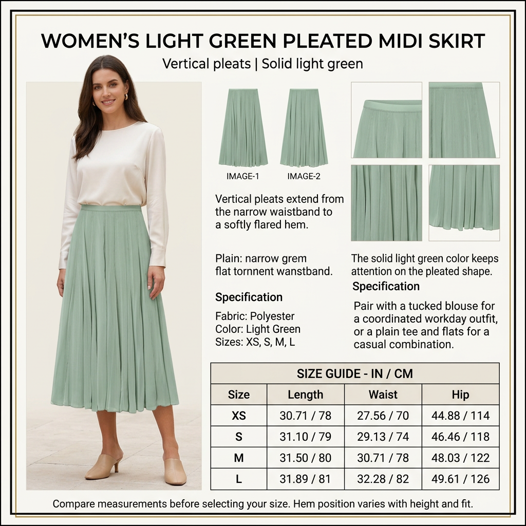 Square light green pleated skirt infographic with preferred model, product details and size chart