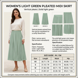 Square light green pleated skirt infographic with preferred model, product details and size chart