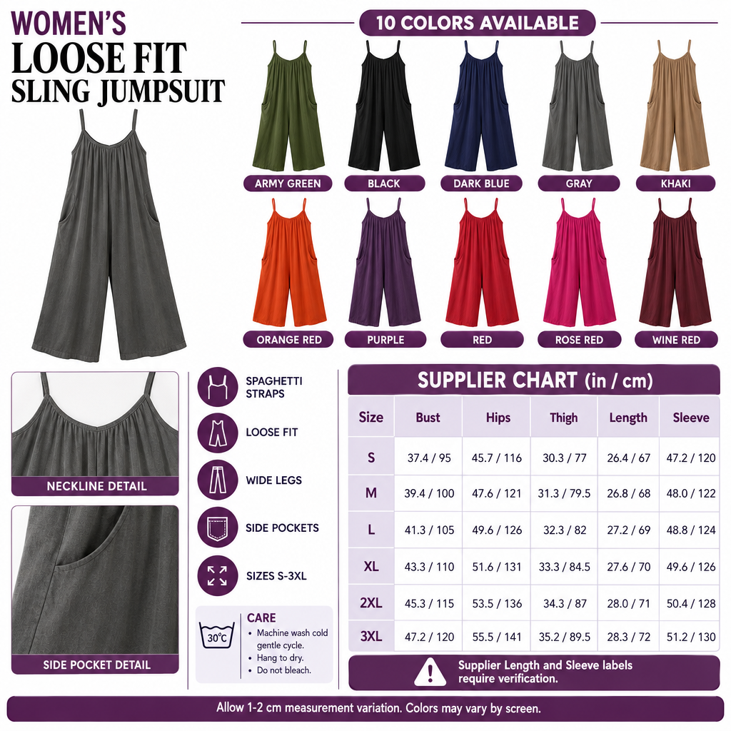Square loose-fit sling jumpsuit infographic