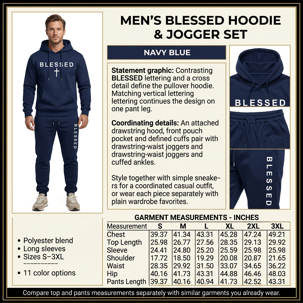 Square Navy Blue Blessed hoodie and jogger infographic with male model, product details and inches-only size chart