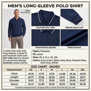 Square navy blue polo infographic using your example layout, with male model, detail closeups, description, and inches-only size chart