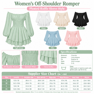 Square off-shoulder ruffle sleeve romper infographic