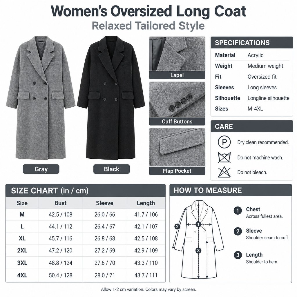 Square oversized long coat infographic