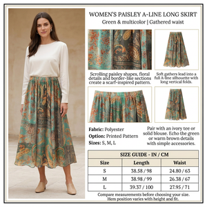 Square paisley skirt infographic with preferred model, product details and size chart