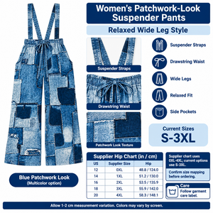 Square patchwork-look suspender pants infographic