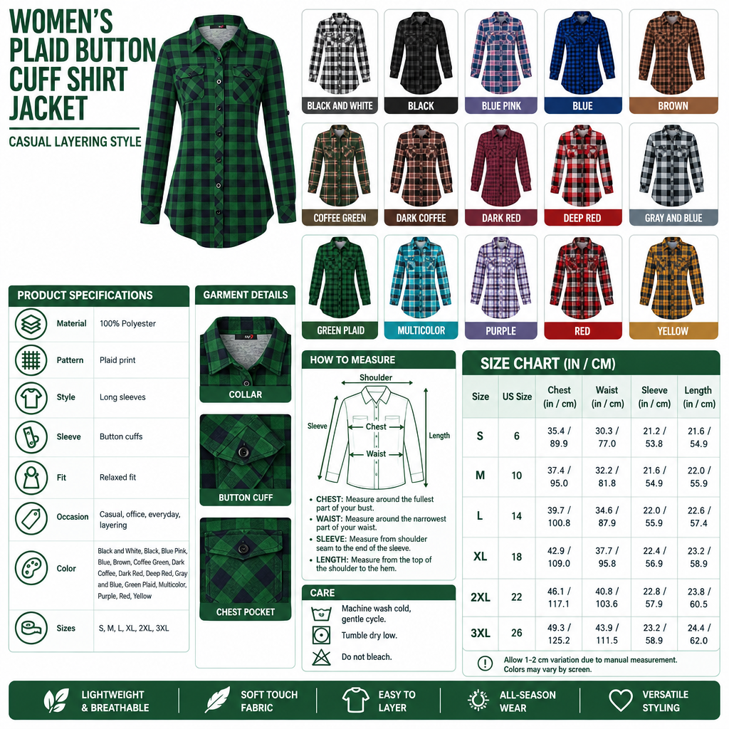 Square plaid button-cuff shirt jacket infographic