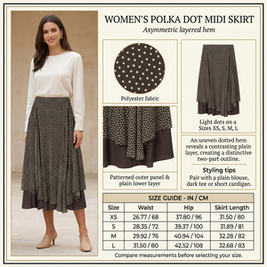 Square polka dot layered midi skirt infographic with preferred model and size chart