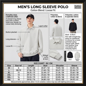 Square polo infographic with model photos, product details, and full size chart