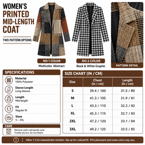 Square printed mid-length coat infographic