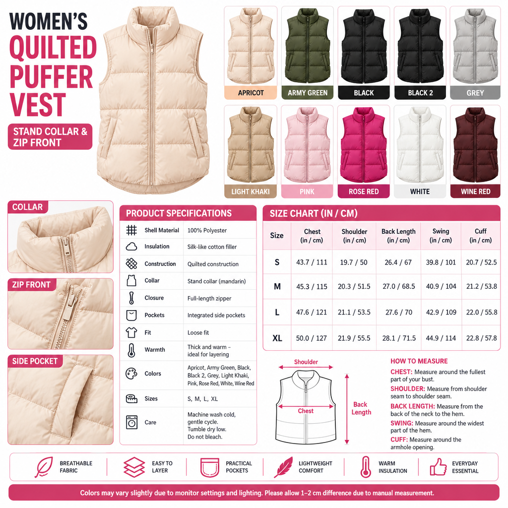 Square quilted puffer vest infographic