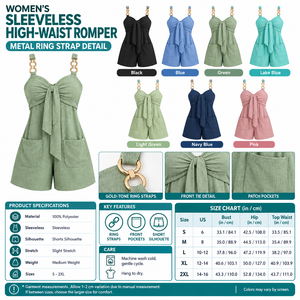 Square sleeveless metal ring strap romper infographic