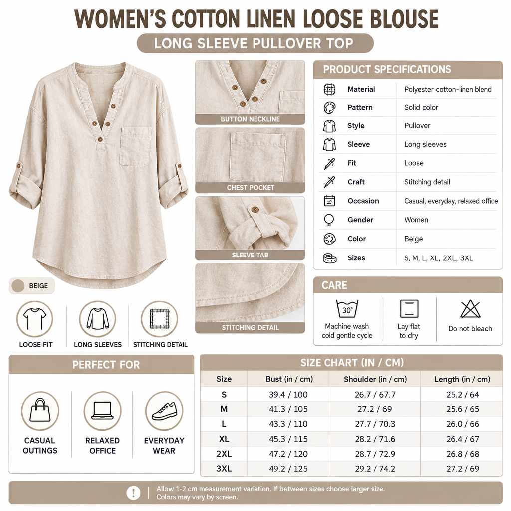 Square Women's Cotton Linen Loose Blouse infographic