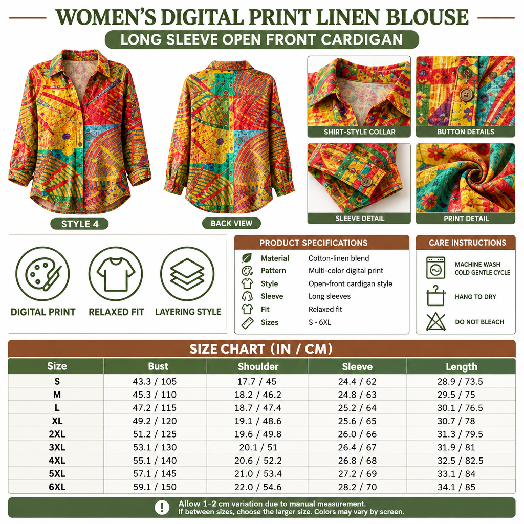 Square Women's Digital Print Linen Cardigan infographic