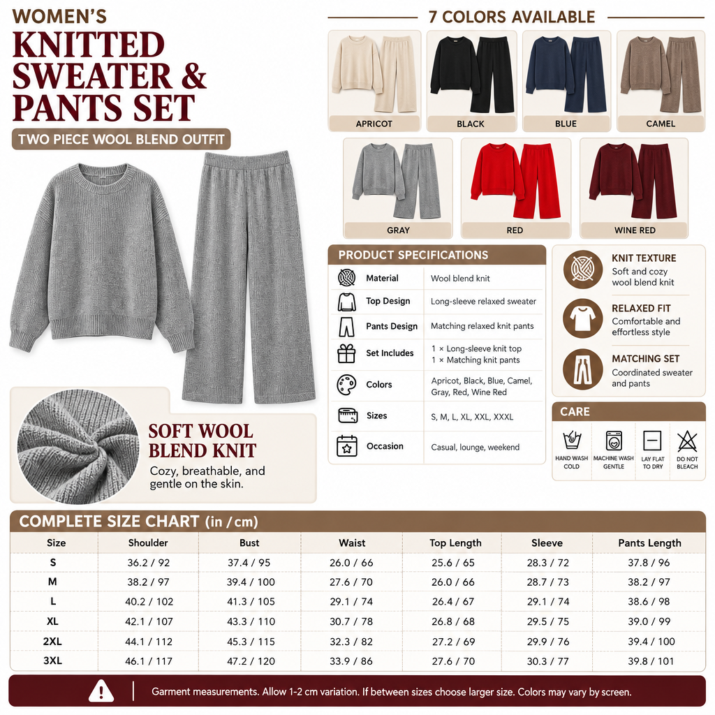 Square Women's Knitted Sweater and Pants Set infographic