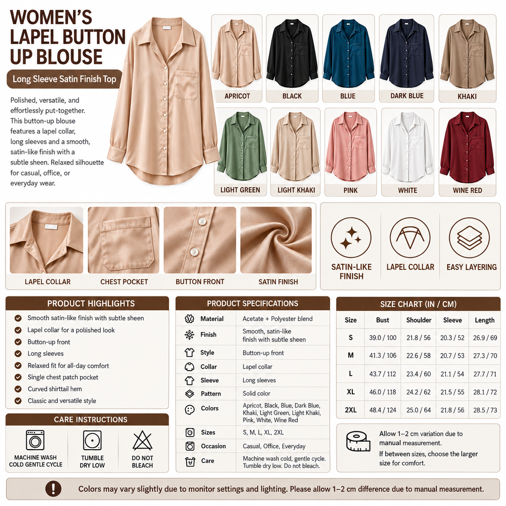 Square Women's Lapel Button Up Satin Finish Blouse infographic