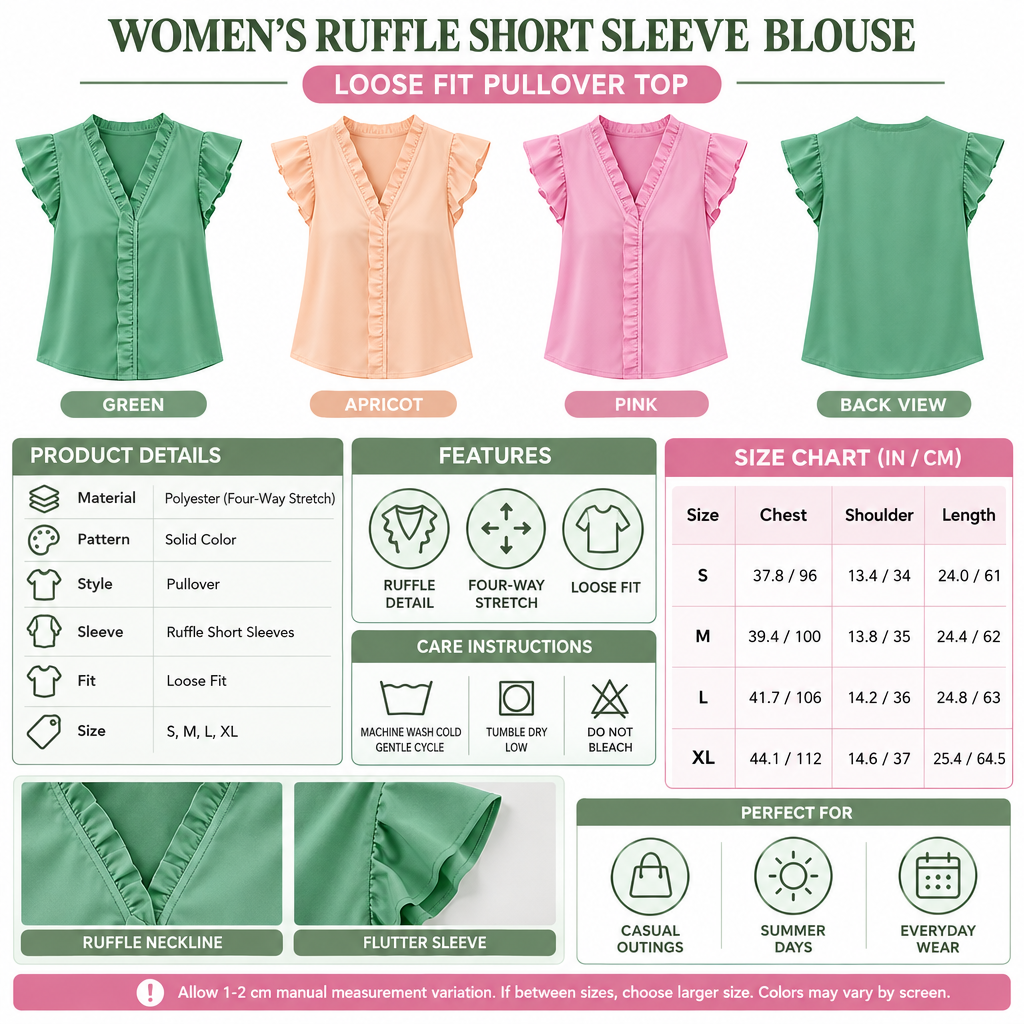 Square Women's Ruffle Short Sleeve Blouse infographic