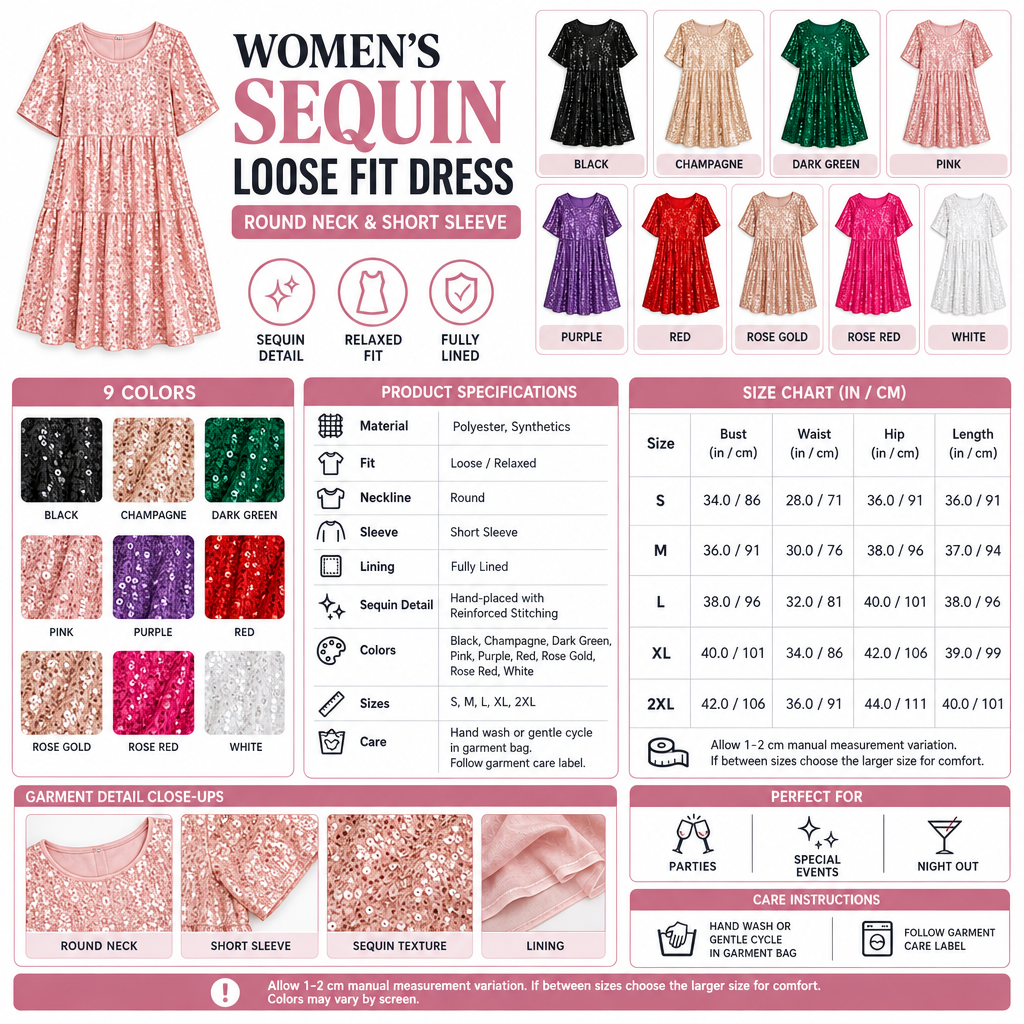 Square Women's Sequin Loose Fit Dress infographic