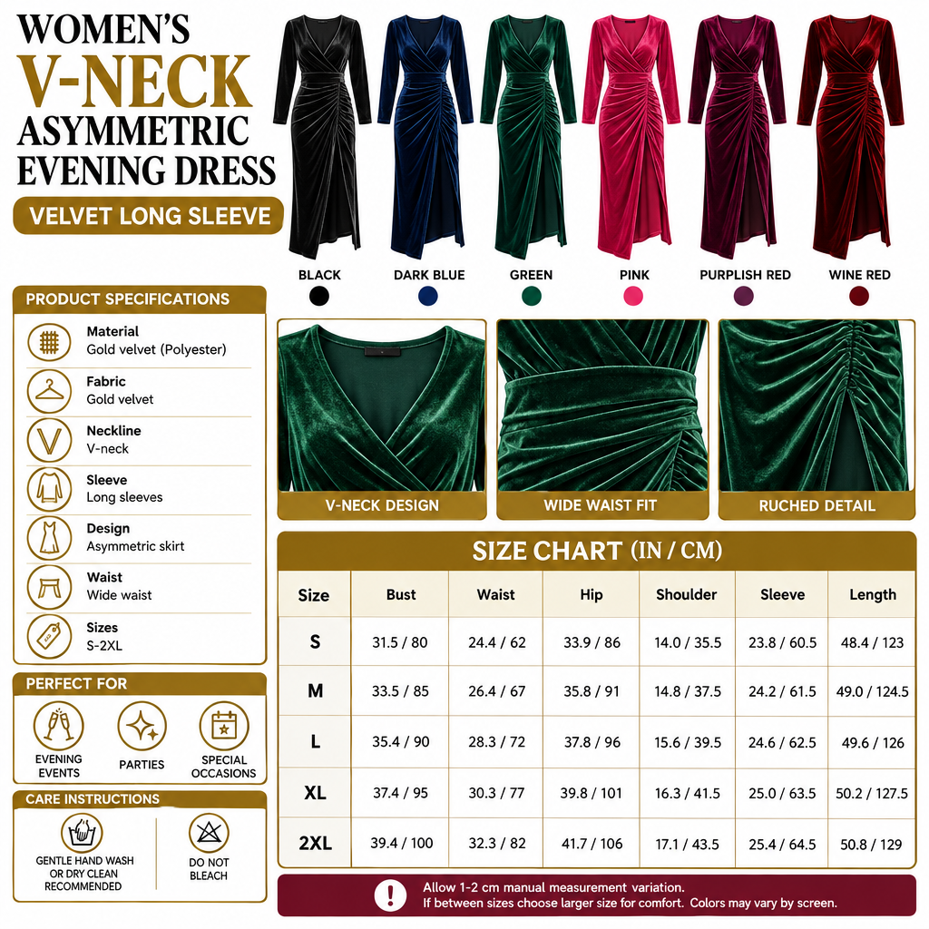 Square Women's V-Neck Asymmetric Velvet Evening Dress infographic