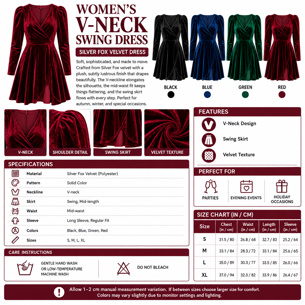 Square Women's V-Neck Swing Velvet Dress infographic