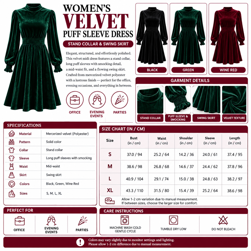 Square Women's Velvet Puff Sleeve Dress infographic
