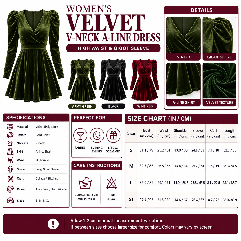 Square Women's Velvet V-Neck A-Line Dress infographic
