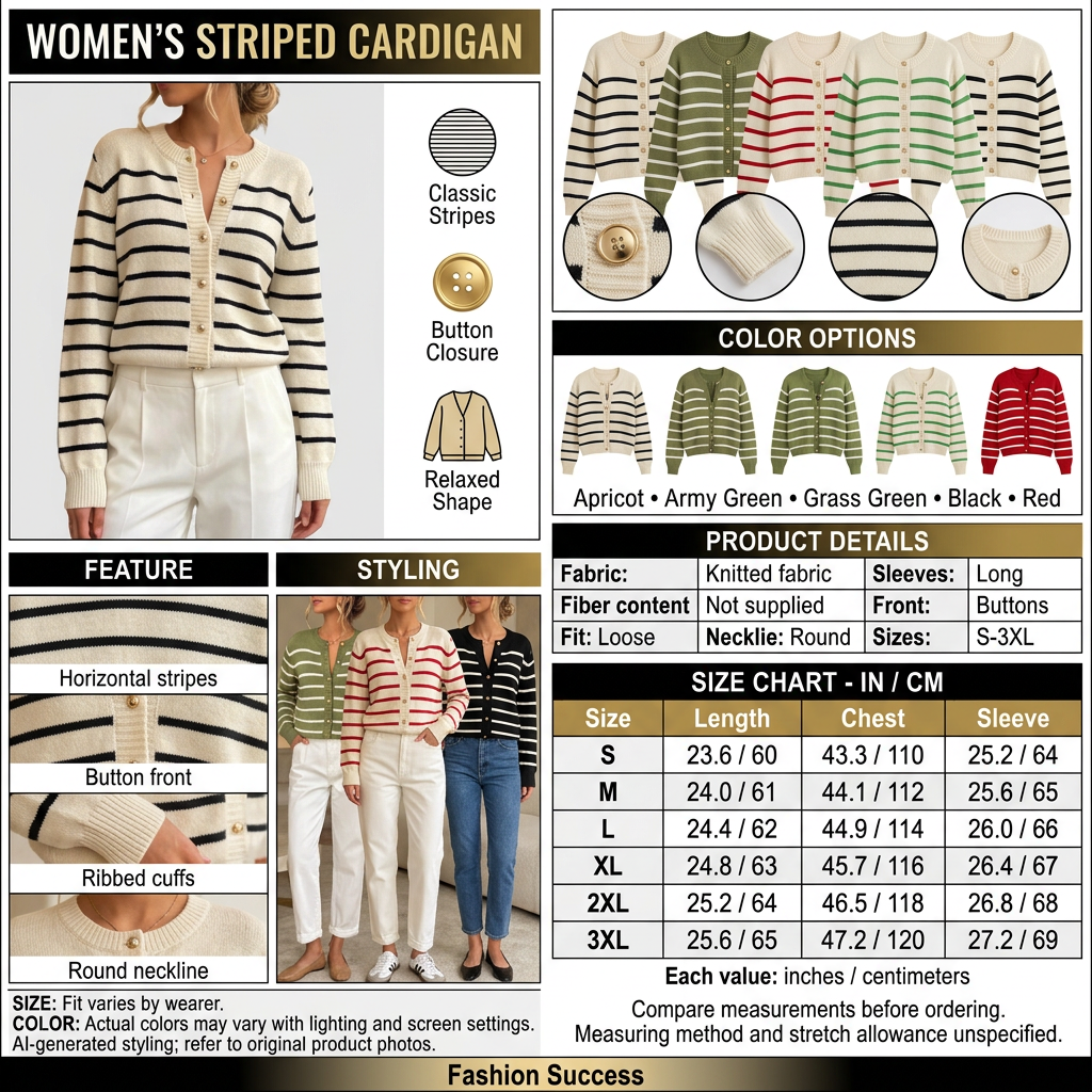 Striped cardigan infographic with dual-unit size chart