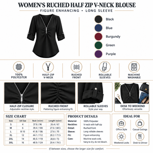 White-background half-zip blouse infographic