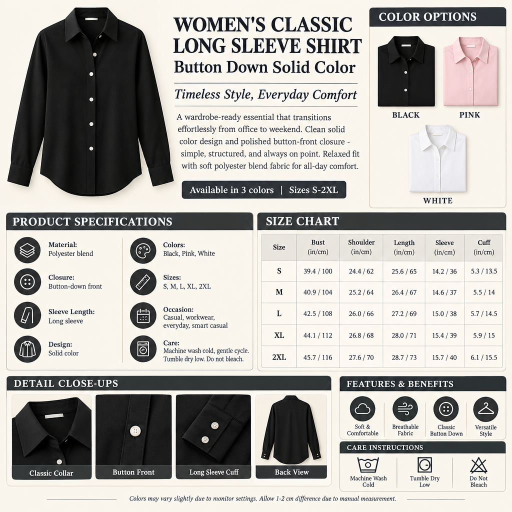 Women's Classic Long Sleeve Button Down Shirt Infographic - No Model