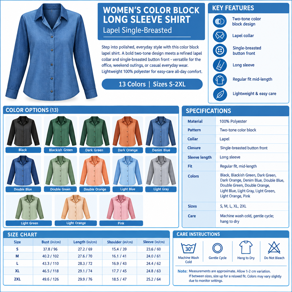 Women's Color Block Long Sleeve Shirt Infographic - No Model
