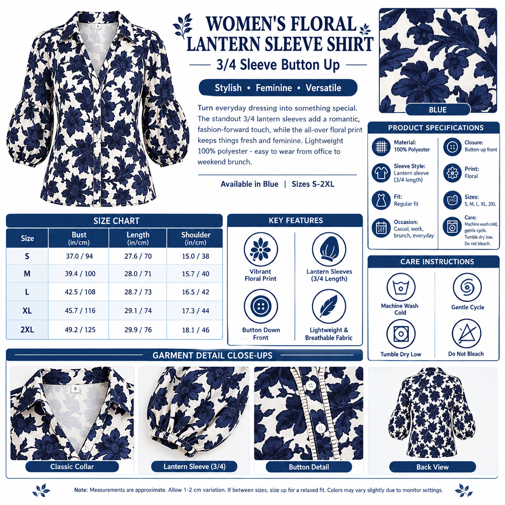 Women's Floral Lantern Sleeve Shirt Infographic - No Model