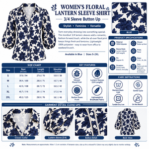 Women's Floral Lantern Sleeve Shirt Infographic - No Model